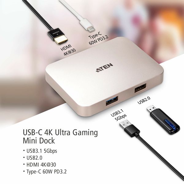 Aten UH3235, USB-C 4K Ultra Mini Dock with Power Pass-through
